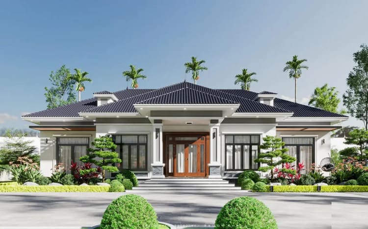 Mẫu nhà cấp 4 mái Nhật 4 phòng ngủ 12x15m có sân trước bố trí tiểu cảnh xanh đẹp