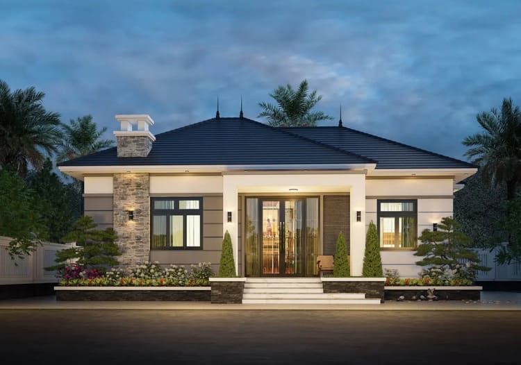 Mẫu nhà cấp 4 mái Nhật 4 phòng ngủ hiện đại kết hợp cửa nhôm kính sáng thoáng