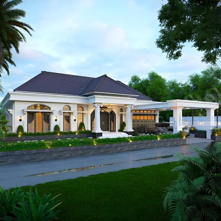 Mẫu nhà cấp 4 mái Nhật 4 phòng ngủ tân cổ điển phào chỉ độc đáo, trụ cột đối xứng