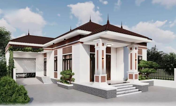 Mẫu nhà cấp 4 mái Nhật 4 phòng ngủ có gara ô tô hiện đại