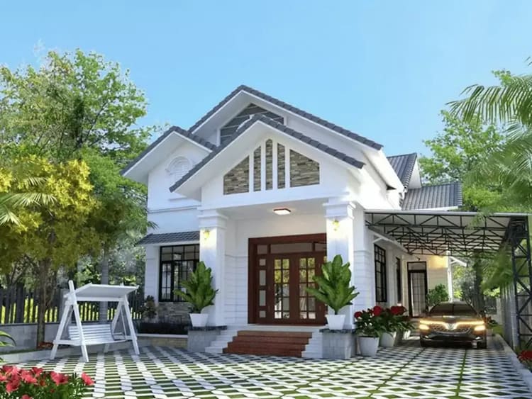 Mẫu nhà cấp 4 mái Nhật 4 phòng ngủ có gara ô tô tiết kiệm diện tích sân