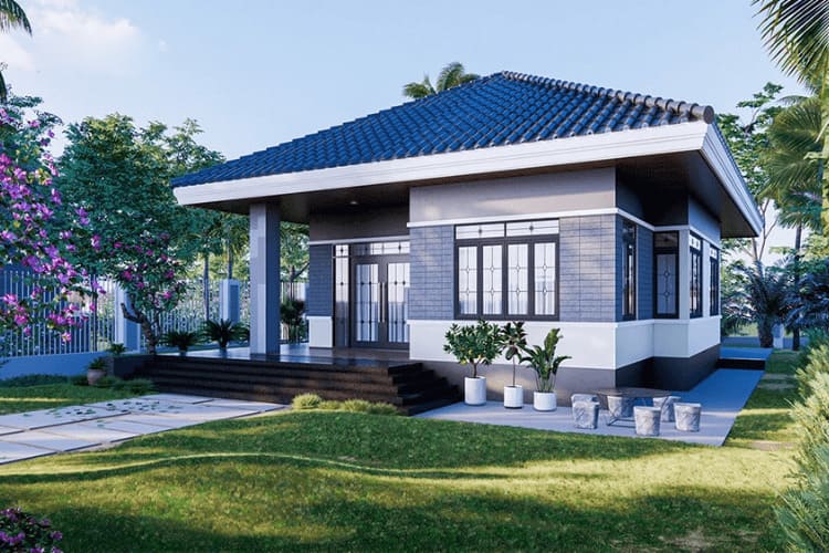 Mẫu nhà vườn cấp 4 nông thôn đẹp có khoảng sân cỏ xanh tươi tạo cảm giác gần gũi với thiên nhiên