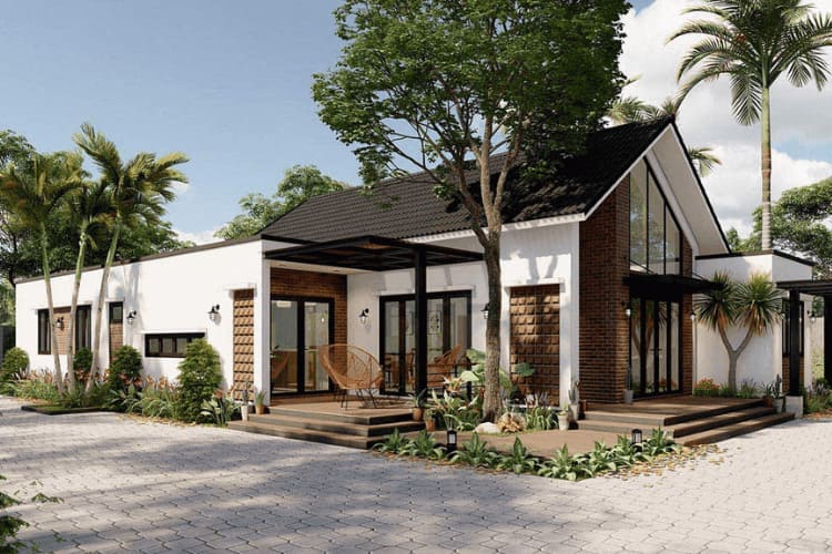 Mẫu nhà vườn 1 tầng kết hợp cửa nhôm kính hiện đại