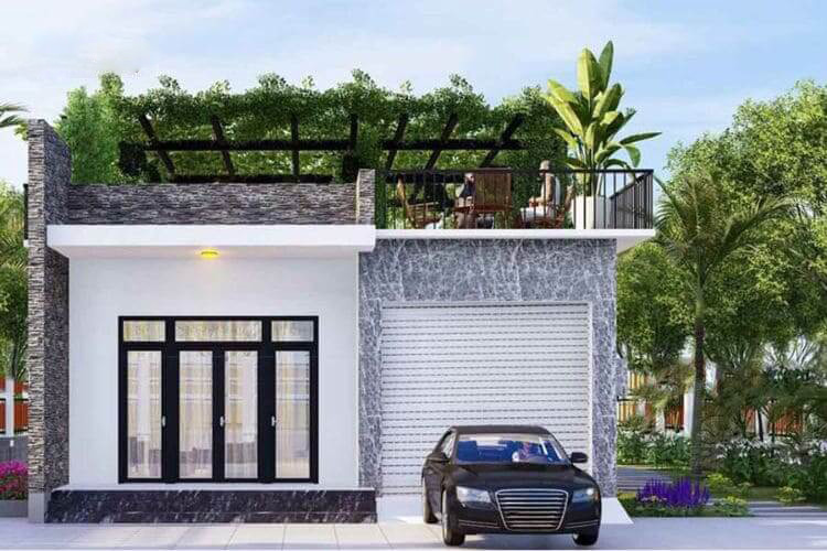 Mẫu nhà vườn mái bằng kết hợp sân thượng trồng cây xanh mát