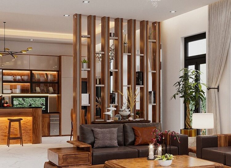 Vách ngăn phòng khách và bếp nhựa giả gỗ bền đẹp