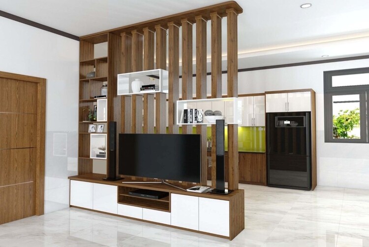 Vách ngăn phòng khách và bếp kết hợp kệ tivi đẹp, hiện đại và tối ưu không gian sử dụng