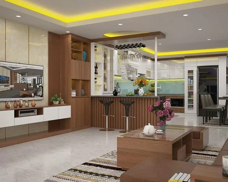 Vách ngăn phòng khách và bếp kết hợp quầy bar mini giúp tận dụng triệt để không gian