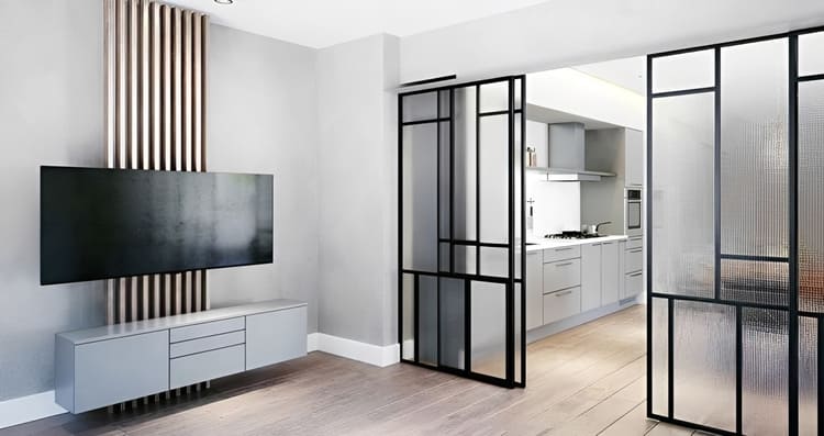 Vách ngăn phòng khách và bếp nhôm kính hợp phong thủy, mang lại vượng khí cho gia chủ