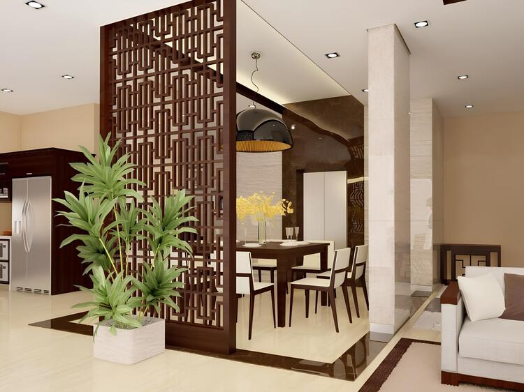 Vách ngăn phòng khách và bếp bằng nhựa giả gỗ sang trọng