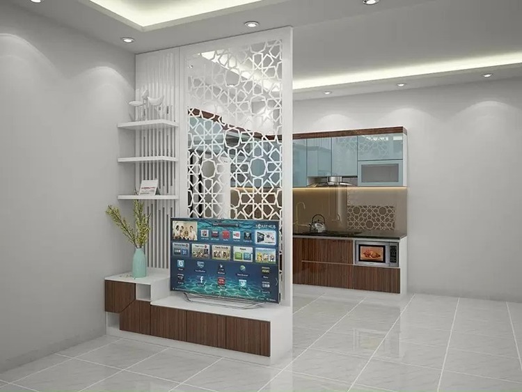 Vách ngăn phòng khách và bếp nhôm họa tiết hình khối đẹp, kết hợp kệ tủ ti vi