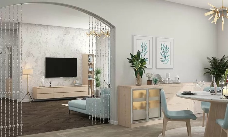 Vách ngăn phòng khách và bếp bằng rèm đẹp, tạo chiều sâu cho không gian ngôi nhà