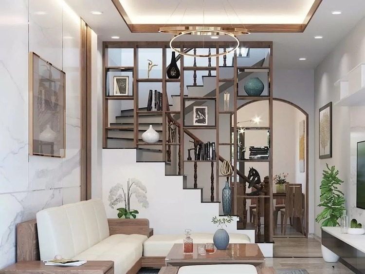 Vách ngăn phòng khách và bếp bằng gỗ tự nhiên tạo điểm nhấn thẩm mỹ tinh tế và đầy nghệ thuật