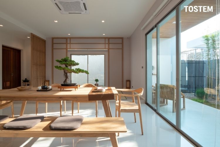 Cửa chính phòng khách nhôm trượt đẹp, phong cách Japanese