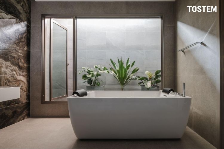 Mẫu cửa kính cường lực khung nhôm phòng tắm tối ưu ánh sáng và thông thoáng