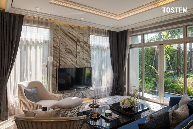 Mẫu cửa phòng khách 4 cánh nhôm kính TOSTEM cao cấp