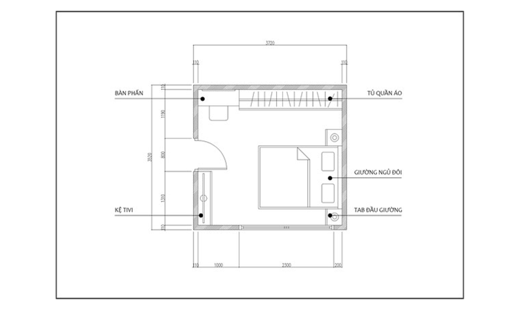 Bản vẽ phòng ngủ nhà phố 10m2 đơn giản