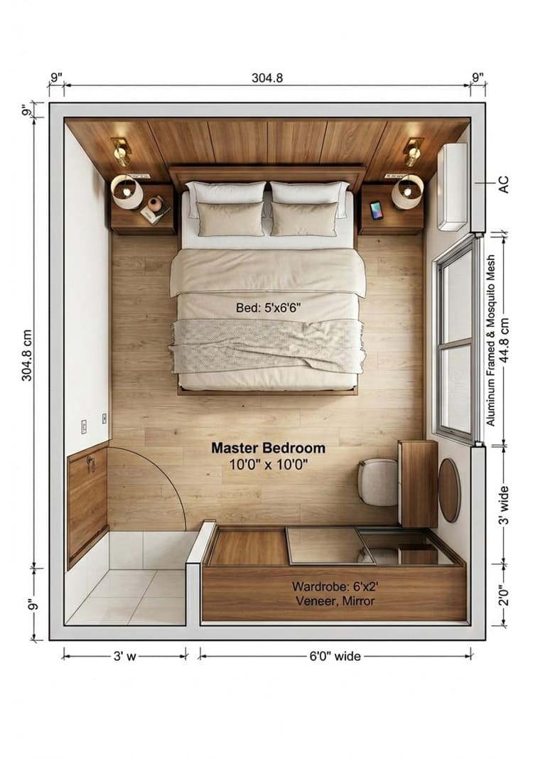 Bản vẽ phòng ngủ 3D đơn giản, tối ưu khả năng thông gió và ánh sáng tự nhiên