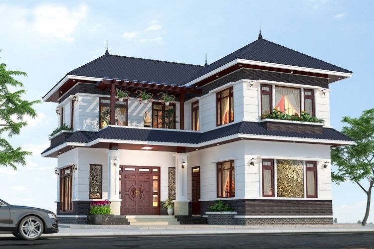 Biệt thự 2 tầng chữ L mái Thái hiện đại, tận dụng diện tích đất hiệu quả