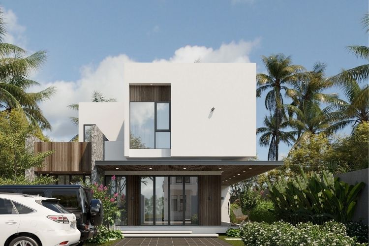Mẫu biệt thự 2 tầng hình khối vuông vức, kết hợp cửa nhôm kính hiện đại