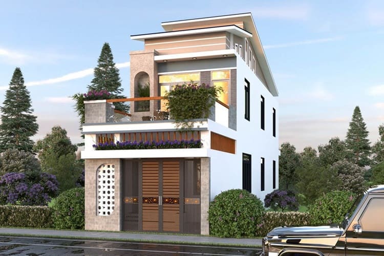 Biệt thự phố 2 tầng mái lệch phong cách hiện đại kết hợp cây xanh