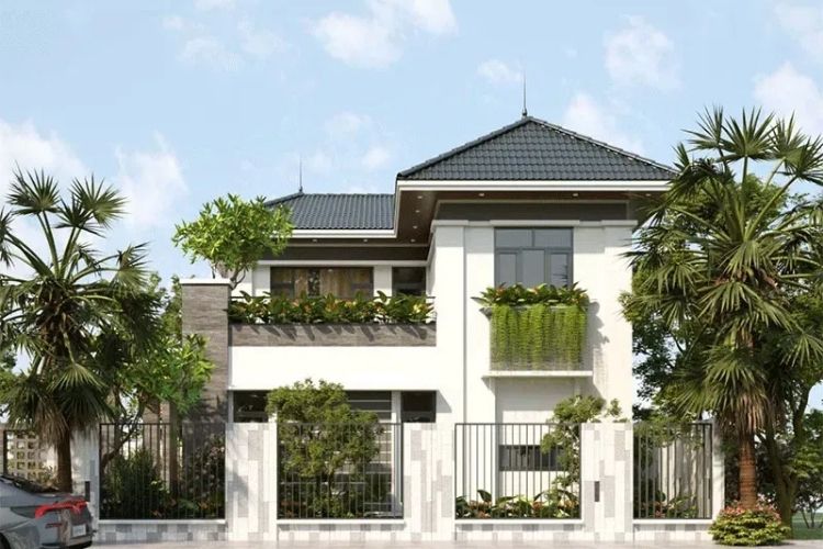 Mẫu biệt thự 2 tầng đơn giản có cây xanh