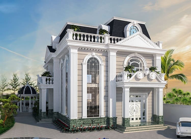 Biệt thự kiểu Pháp 2 tầng màu trắng thanh thoát, nổi bật với chi tiết cột, phào chỉ