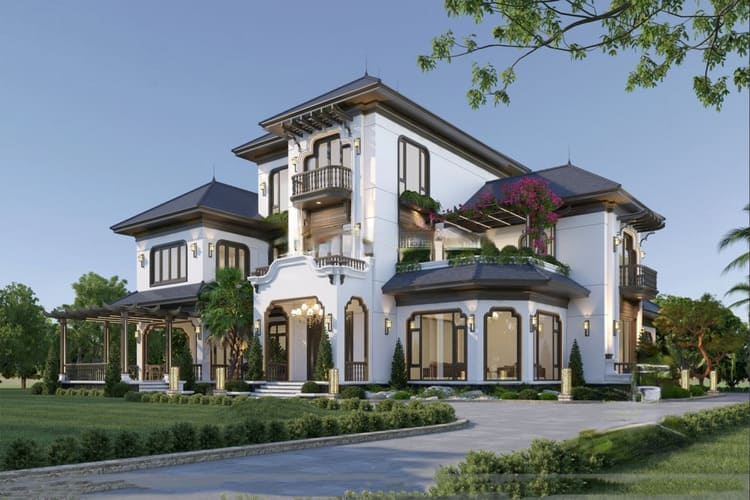Mẫu biệt thự 3 tầng phong cách Indochine đẹp có sân vườn xanh mát