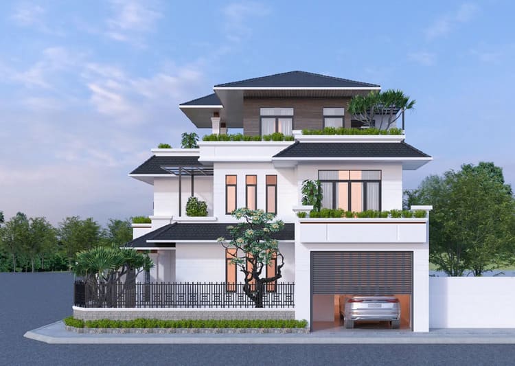 Biệt thự 3 tầng mái Nhật đẹp hiện đại, đường nét thanh thoát