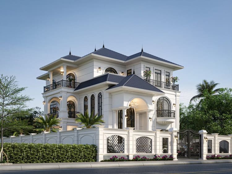 Mẫu biệt thự 3 tầng tân cổ điển nổi bật với chi tiết phào chỉ, trụ cột cân đối và tinh tế