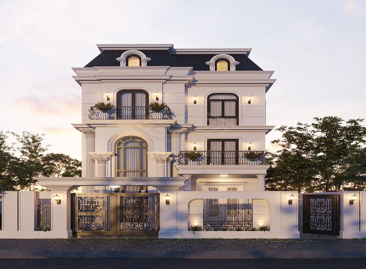 Mẫu biệt thự 3 tầng đẹp tông màu trắng kem, phong cách Châu Âu