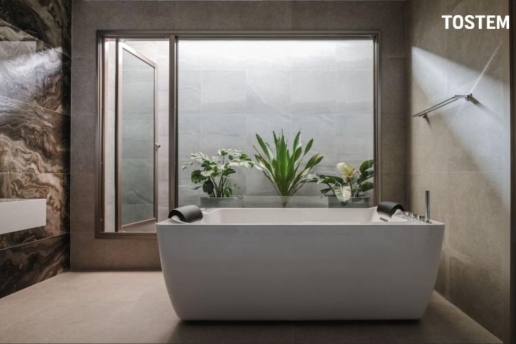 Cửa sổ mở quay 1 cánh đẹp, thông thoáng cho phòng tắm