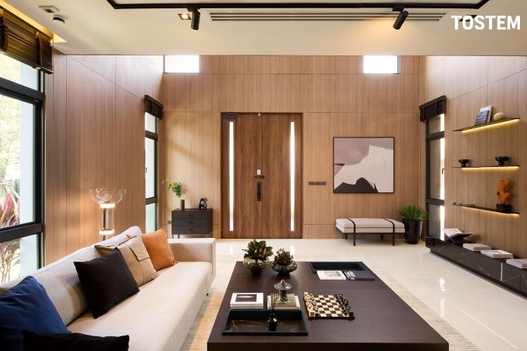 Mẫu cửa thép vân gỗ 2 cánh đẹp sang, tạo điểm nhấn ấn tượng cho phòng khách hiện đại