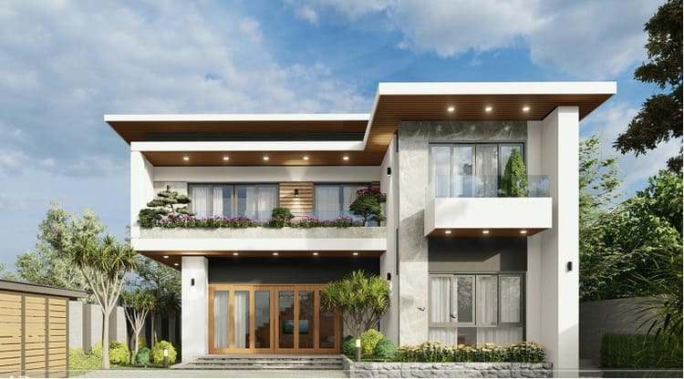 Mẫu nhà 2 tầng chữ L mái bằng đẹp, tận dụng tối đa quỹ đất