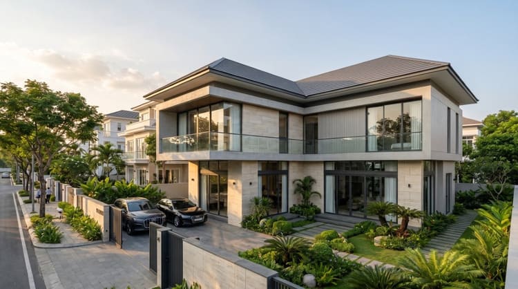 Mẫu nhà 2 tầng chữ L đẹp bố trí sân vườn xanh mát, gần gũi với thiên nhiên