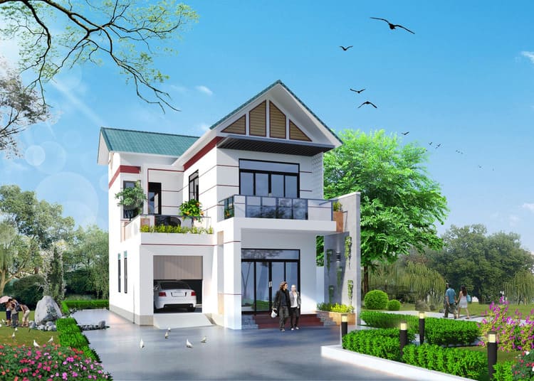 Mẫu nhà 2 tầng có gara ô tô hiện đại, tiện nghi