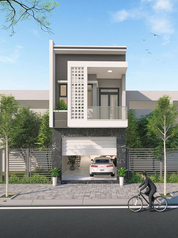 Mẫu nhà 2 tầng có gara ô tô tông màu trắng xám đơn giản, tinh tế