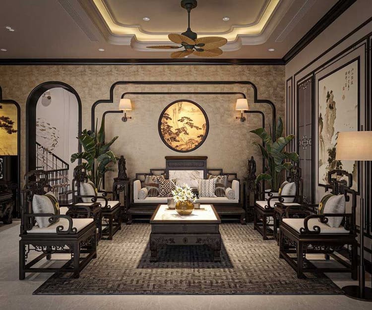 phòng khách phong cách Indochine trang trí họa tiết hoa văn truyền thống, vẻ đẹp hoài cổ